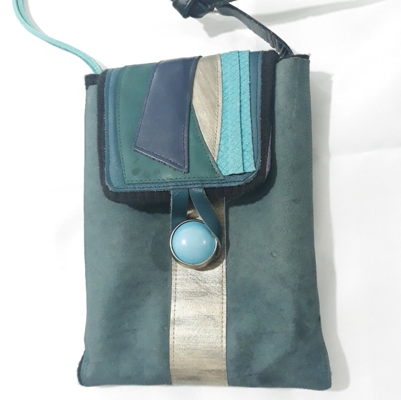 Vintage annemarie Feld Wearable Art Blue Leather Crossbody Bag with GoldAccent